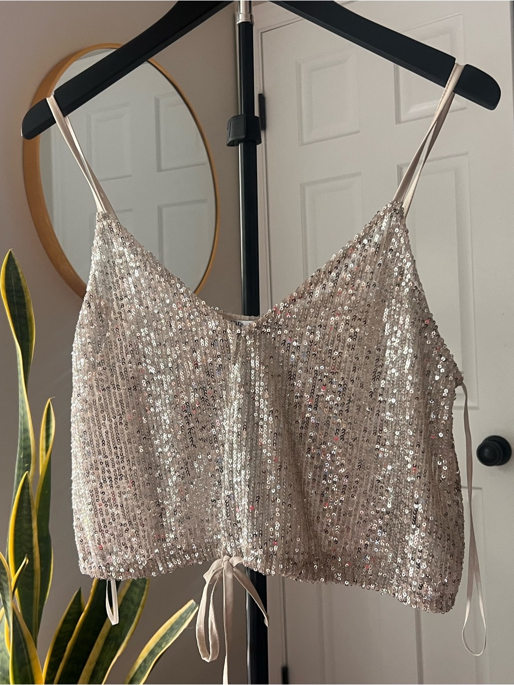 Zara Sequin Spaghetti-Strap Cami in Champagne